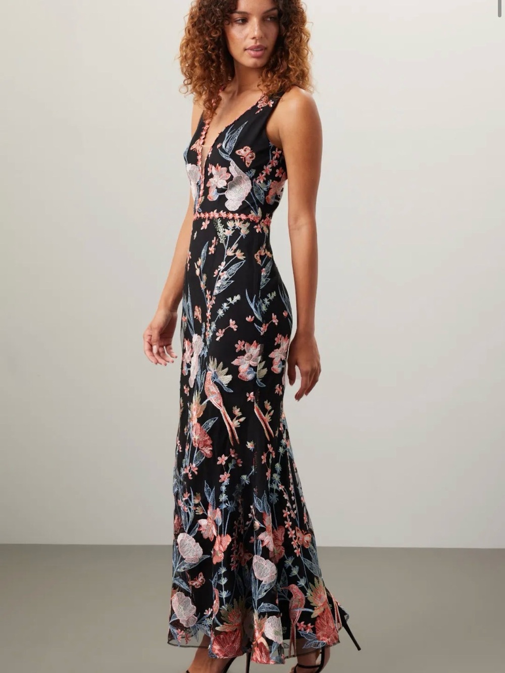 Marchesa Notte Black Floral Butterfly Embroidered V-Neck Maxi Dress